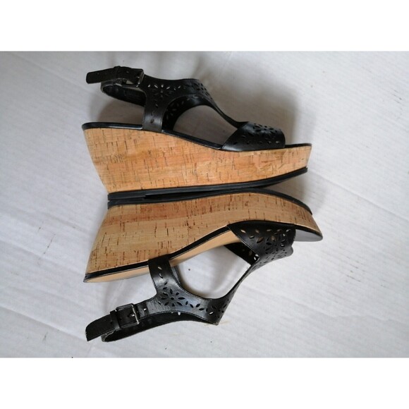 Franco Sarto Leather Platform Wedge Sandals Black Ankle Strap 10M Women’s - Picture 5 of 9